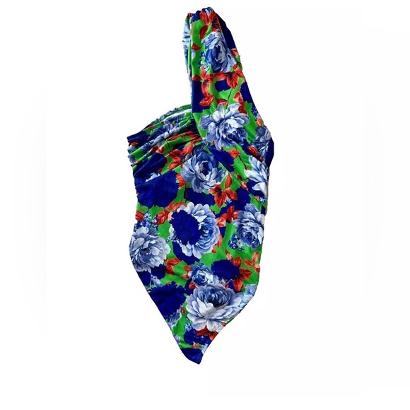 ZARA One Sleeve Blue & Green Floral Asymmetrical Bodysuit Size Small NWT - Picture 3 of 9